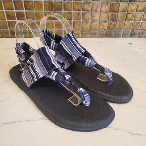 Sanuk Women's Sandals 9 Black Striped Yoga Slingback Comfort Flats Padded Boho